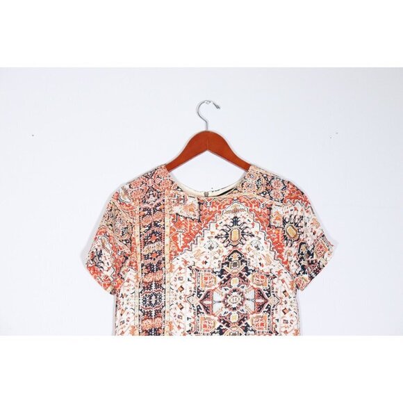 Olivaceous Women Medium Beige Orange Paisley Shirt Dress S/S Crepe Graphic Mini - Picture 3 of 7